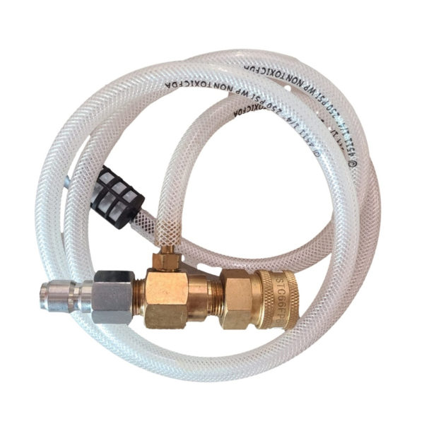 General Pump Downstream High Draw 20% Fixed Brass Chemical Injector assembly with quick connect fittings, suction hose & filter. Part # ACI008 / Injector 100776